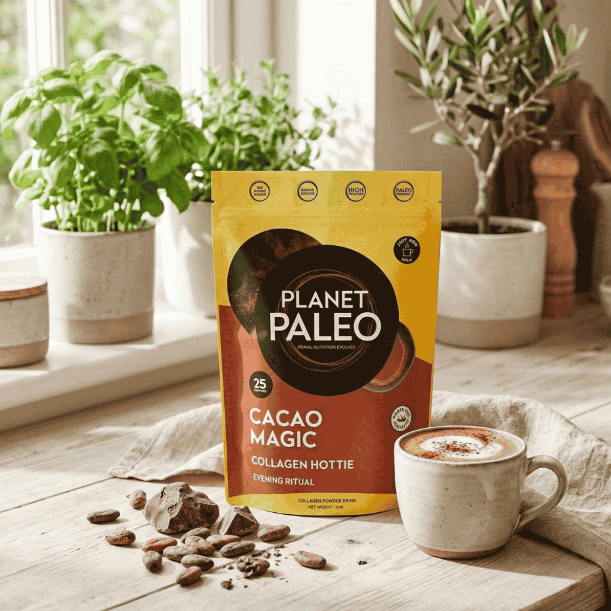 Balení Planet Paleo Cacao Magic Latte vedle hrnku teplého kakaového nápoje a kakaových ingrediencí.